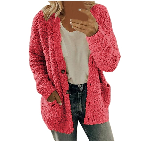 RQYYD Women Casual Plus Size Plush Sweater Pockets Outerwear Buttons Cardigan Coat Women Fleece Jacket