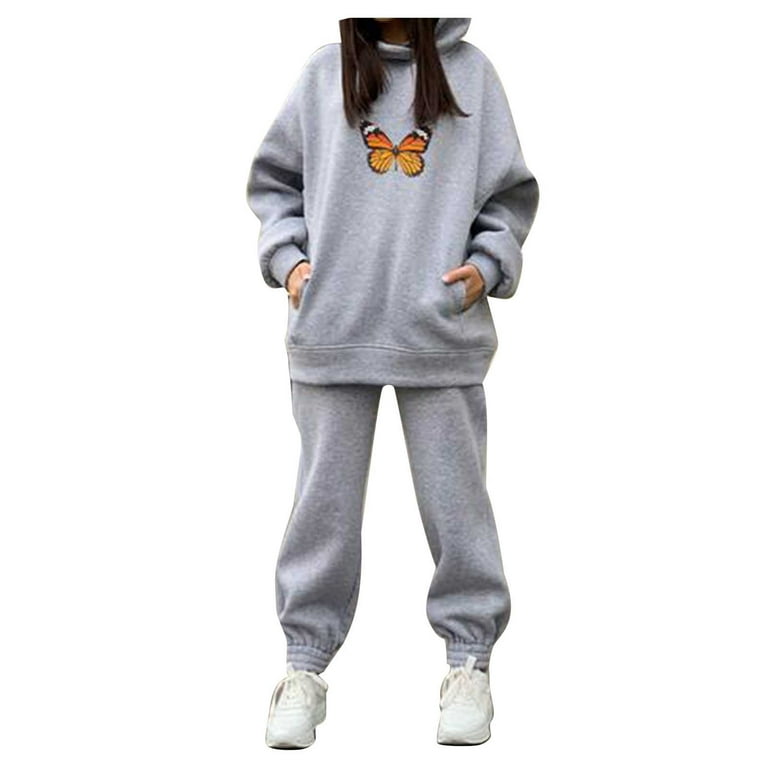 RQYYD Women Casual Sweatsuit Set Butterfly Graphic Hoodie Sweatshirts Long Pants 2 Piece Outfits Tracksuit with Pockets on Clearance Gray S