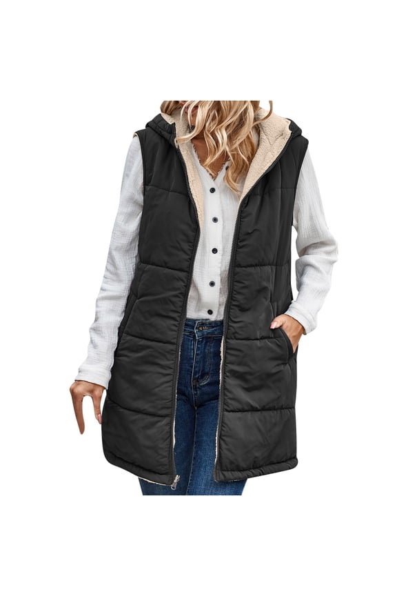 Women Fall Reversible Vests Sleeveless Sherpa Fleece Jacket Zip Up Hoodie Long Warm Winter Padded Coat Outerwear Long Puffer Vest Women
