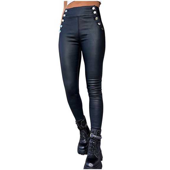 RQYYD Women Faxu Leather Pants Fashion Side Button Mid Waist Pleated Tights Trousers Solid Patchwork Jeggings Black M
