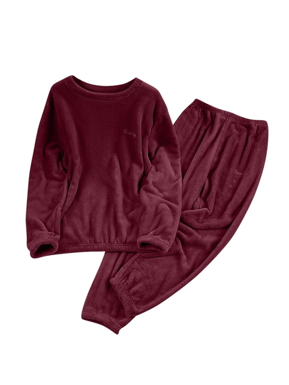 Women Fleece Pajamas Set Long Sleeve Lounging Warm Sleepwear High Elastic Crewneck Loungewear Sherpa Night