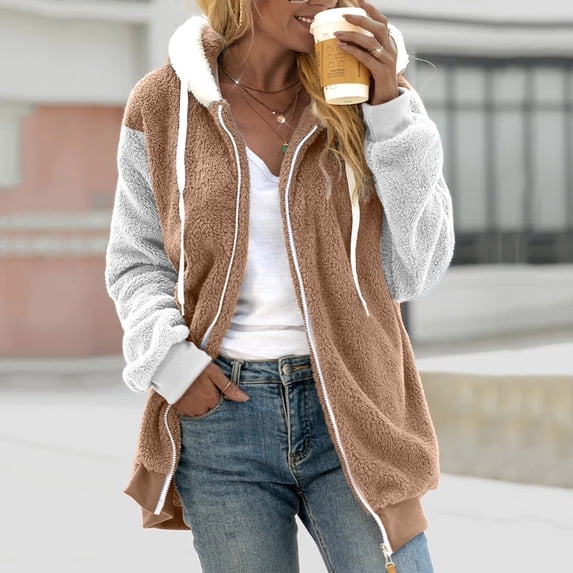 RQYYD Women Fuzzy Fleece Hoodie Jackets Solid Full Zip Up Sherpa Lined Warm Fleece Coat Outwear Plush Flannel Drawstring Hooded Sweatshirt(3#Khaki,XXL)