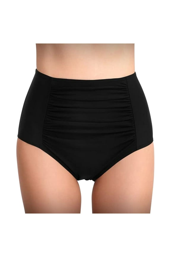 Women High Waisted Cheeky Bikini Bottoms Solid Color Tummy Control Scrunch Butt Swim Bottom Only 2024