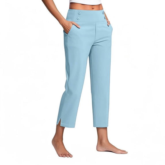 RQYYD Women High Waisted Dress Work Pants Long Straight Leg Office Business Casual Trousers Yoga Pants with Pockets Blue S