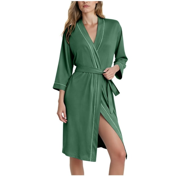 RQYYD Women Kimono Robes Knee Length Knit Bathrobe Lightweight Soft Sleepwear V-neck Casual Ladies Loungewear