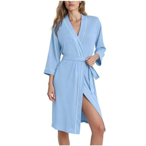 RQYYD Women Kimono Robes Knee Length Knit Bathrobe Lightweight Soft Sleepwear V-neck Casual Ladies Loungewear