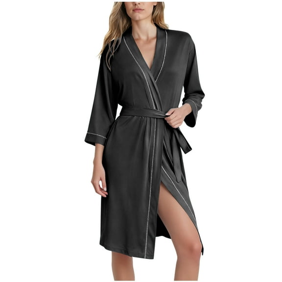 RQYYD Women Kimono Robes Knee Length Knit Bathrobe Lightweight Soft Sleepwear V-neck Casual Ladies Loungewear
