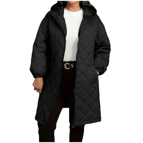RQYYD Women Long Quilted Coat Hooded Length Long Sleeve Puffer Jacket Padded Coat Winter Outerwear
