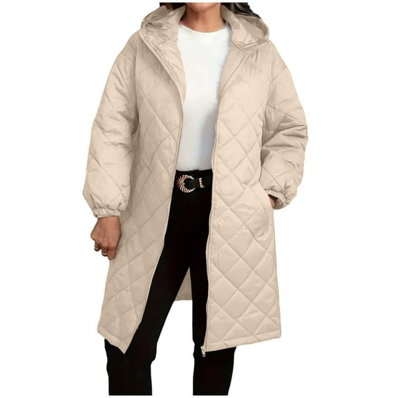RQYYD Women Long Quilted Coat Hooded Length Long Sleeve Puffer Jacket Padded Coat Winter Outerwear