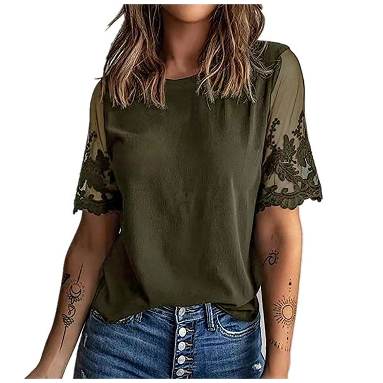 RQYYD Women Mesh Short Sleeve Top Solid Color Summer Floral Embroidery  Crewneck Shirt Elegant Lace Patchwork Tunic Tee(Army Green,M)