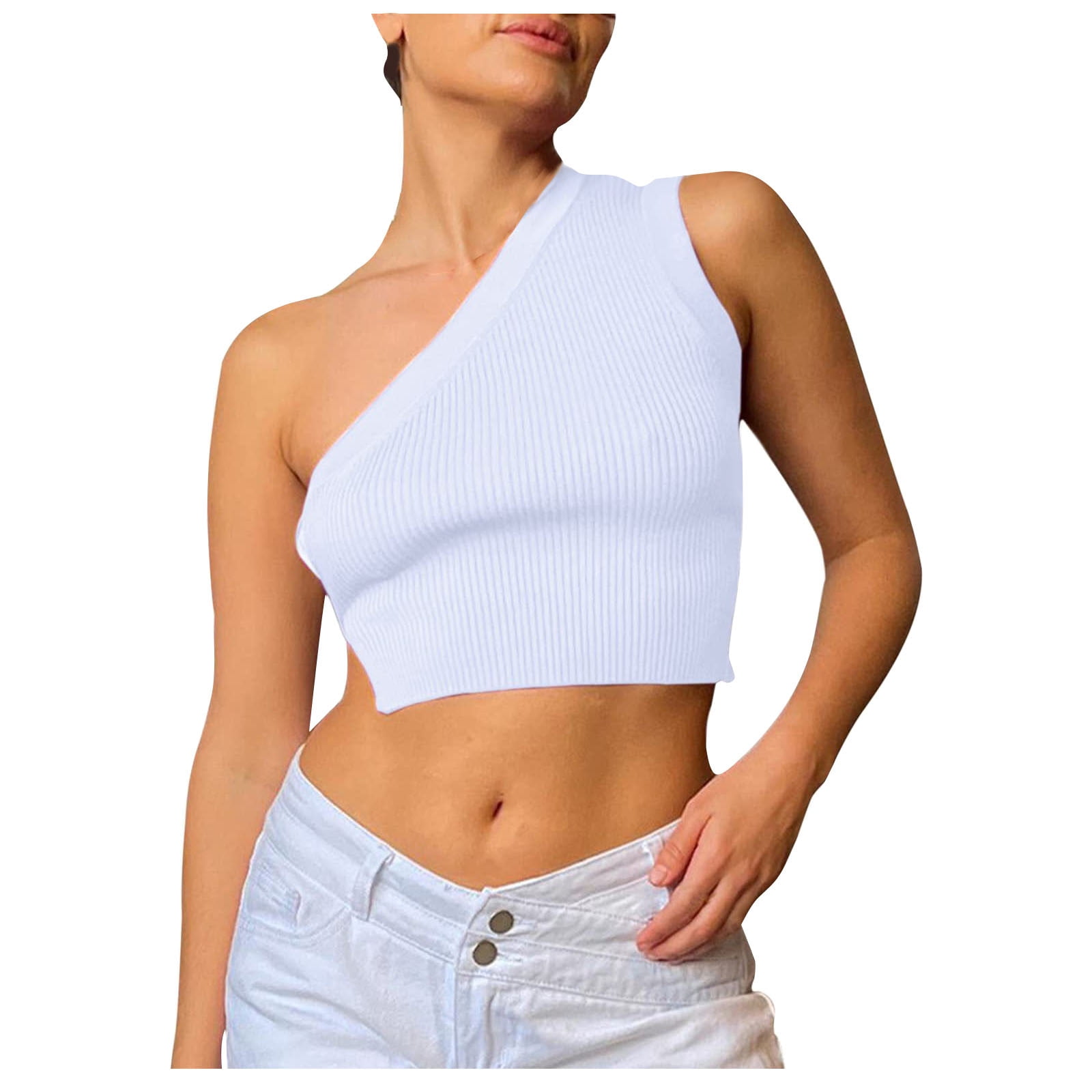 RQYYD Women One Shoulder Knitted Crop Tank Top Sleeveless