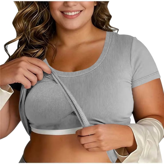 RQYYD Women Plus Size Built-in Bra T Shirt Top Short Sleeve Square Neck Basic Tees Casual Ribbed Knit Fitted Going Out Tops