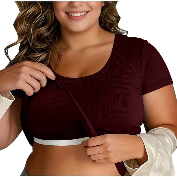 RQYYD Women Plus Size Built-in Bra T Shirt Top Short Sleeve Square Neck Basic Tees Casual Ribbed Knit Fitted Going Out Tops