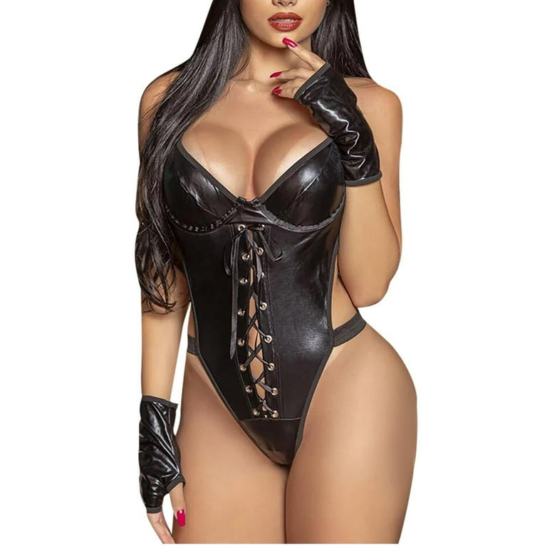 RQYYD Women Sexy Leather Lingerie Bodysuits Leotard Lace Up Jumpsuit One  Piece Teddy Babydoll (Black,M) 