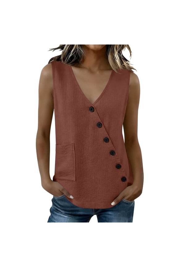 Women Summer Tops Sleeveless Wrap Button Pocket Blouses Casual V Neck Summer Tops