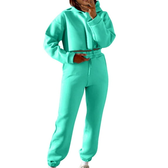 RQYYD Women Sweatsuits Sets 2 Piece Outfits Cropped Hoodie Sweatshirt and Sweatpants Long Joggers with Pockets Casual Tracksuit Jogger Sets for Women