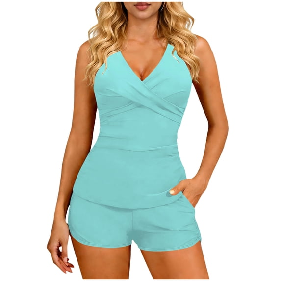 RQYYD Women Tankini Swimsuits with Shorts Two Piece Tummy Control Bathing Suits Top with Two Pockets Bottom Swimwear