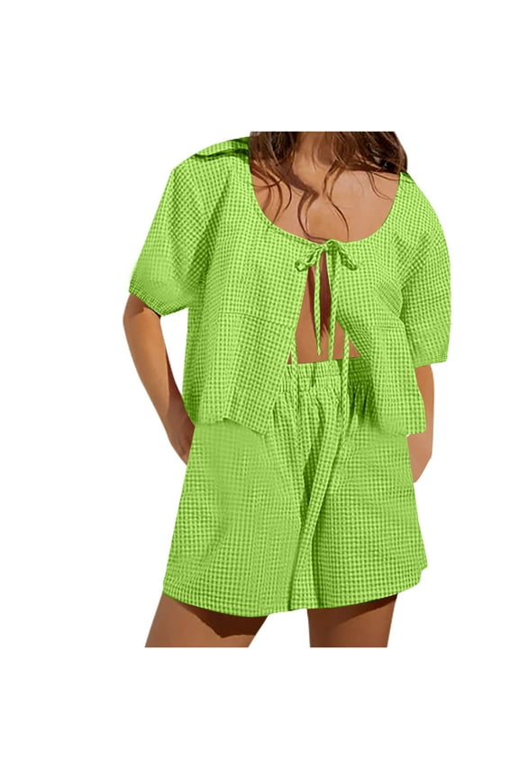 Women Tie Front 2 Piece Pajama Gingham Lounge Set Short Sleeve Babydoll Shirt Blouse Plaid Boxer Shorts Matching Pj