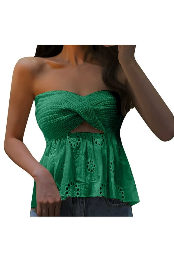Women Twist Knot Knit Bandeau Tube Top Embroidery Eyelet Ruffle Strapless Tunic Tank Tops Off Shoulder Backless Hollow Crop Tank(Green,S)