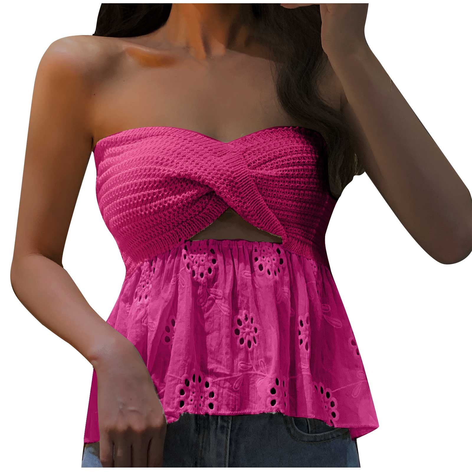 Womenacute;s Lace Tube Tops, Strapless Tie-Up Front Eyelet Embroidery  Bandeau Crop Tops（S,M,L） 