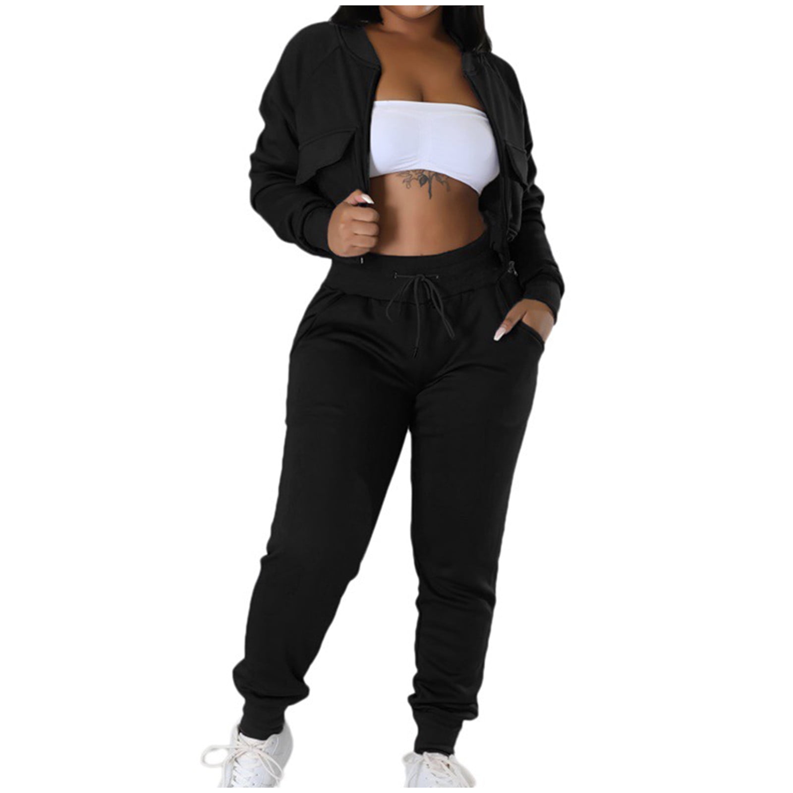 RQYYD Women Two-Piece Athletic Sweatsuits Outfits Long Sleeve Open Front  Zipper Crop Jacket Tops and Drawstring Jogger Pants with Pockets Black XXL  