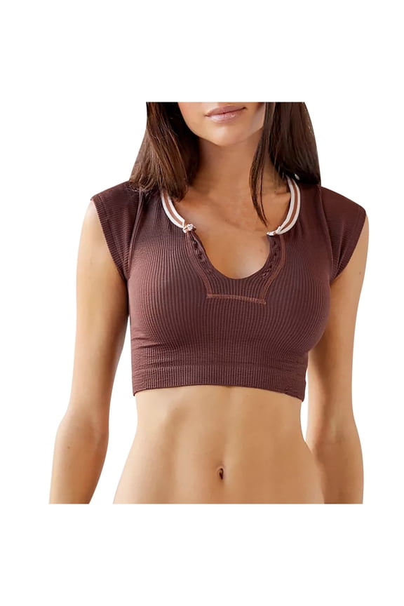 Women V Neck Short Sleeve Crop Top Y2k Slim Fit Solid Color T-Shirts Ribbed Vintage 90s E-Girl Streetwear(Brown,M)