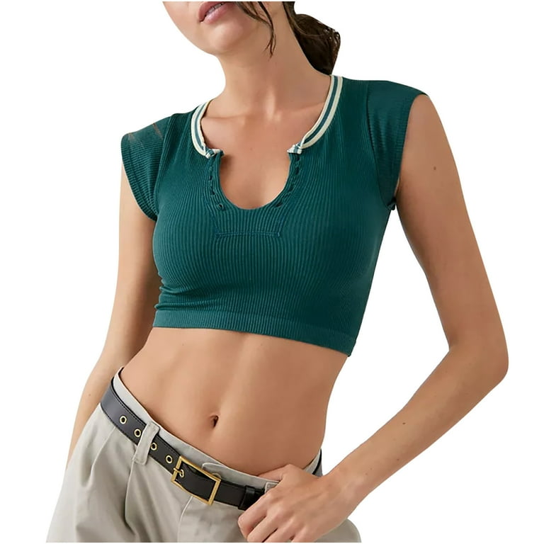 RQYYD Women V Neck Short Sleeve Crop Top Y2k Slim Fit Solid Color