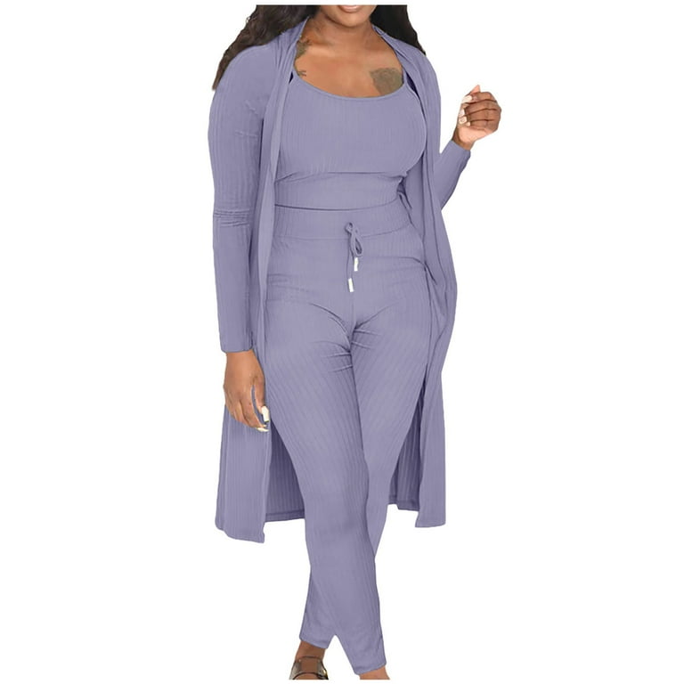 RQYYD Women Winter Fall Ribbed Knit 3 Piece Outfits Tank Crop Long Sleeve Open Front Cardigan Bodycon Jogger Pants Solid Color Tracksuit Sets Purple