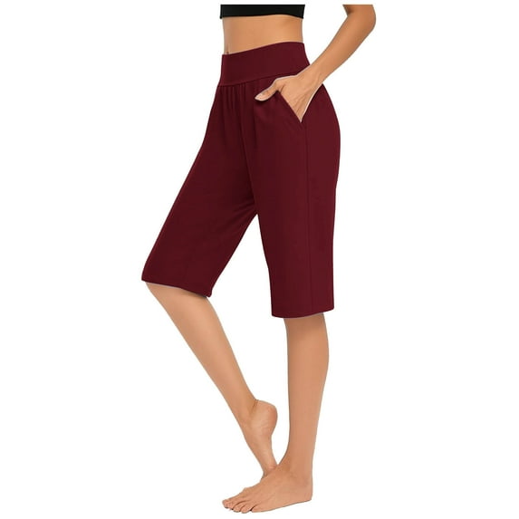 RQYYD Women's 12" Bermuda Long Shorts with Pockets High Waisted Stretch Knee Length Shorts for Women Summer Walking Wine XXL