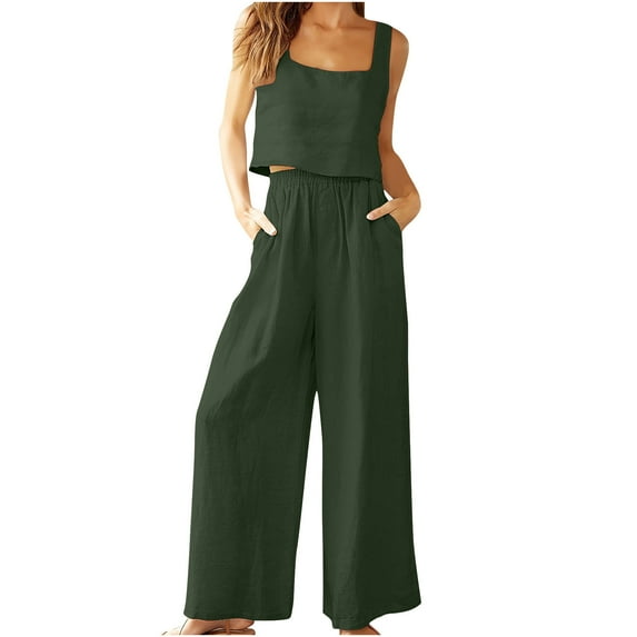 RQYYD Women's 2 Piece Outfits Linen Pants Jumpsuit Matching Lounge Set Casual Summer Beach Vacation Trendy Clothes