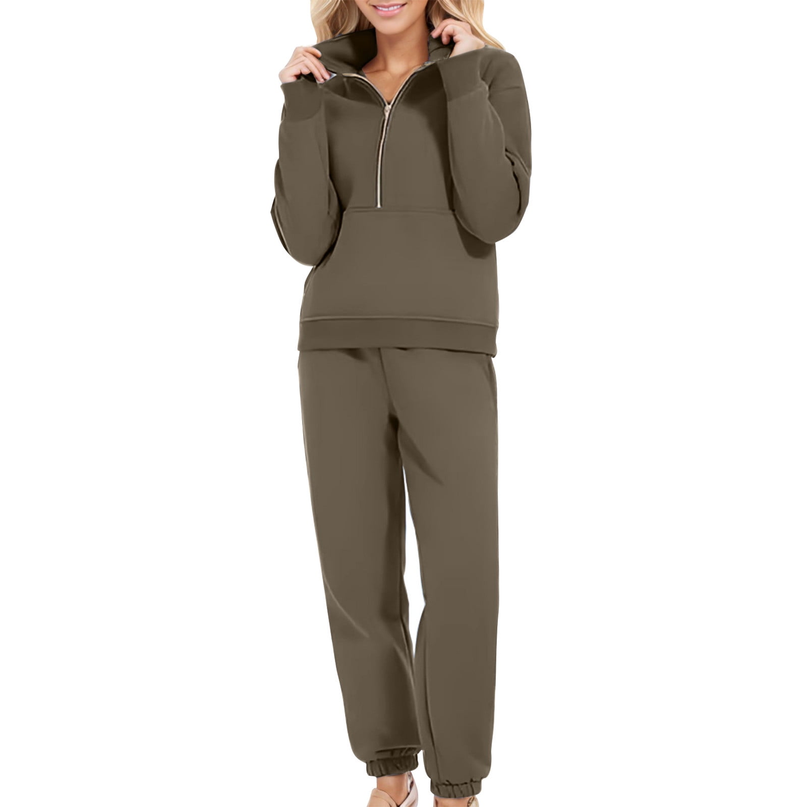 Women's 2 Piece Lounge Set - Oversized Half Zip Sweatshirt & Wide Leg Sweatpants Outfit