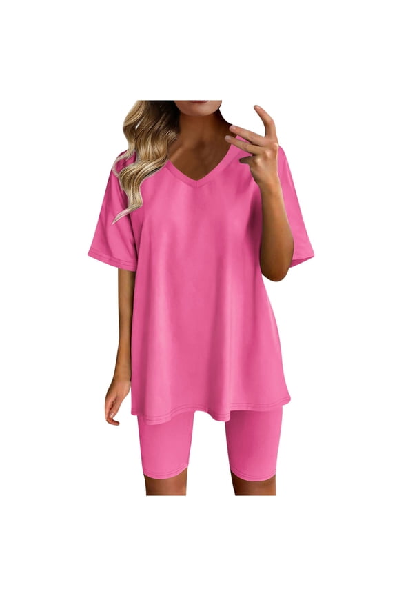 Women's 2 Piece Outfits Lounge Sets Casual Short Sleeve Shirts Solid Color Slim Biker Shorts Soft Pajamas Sweatsuit Set