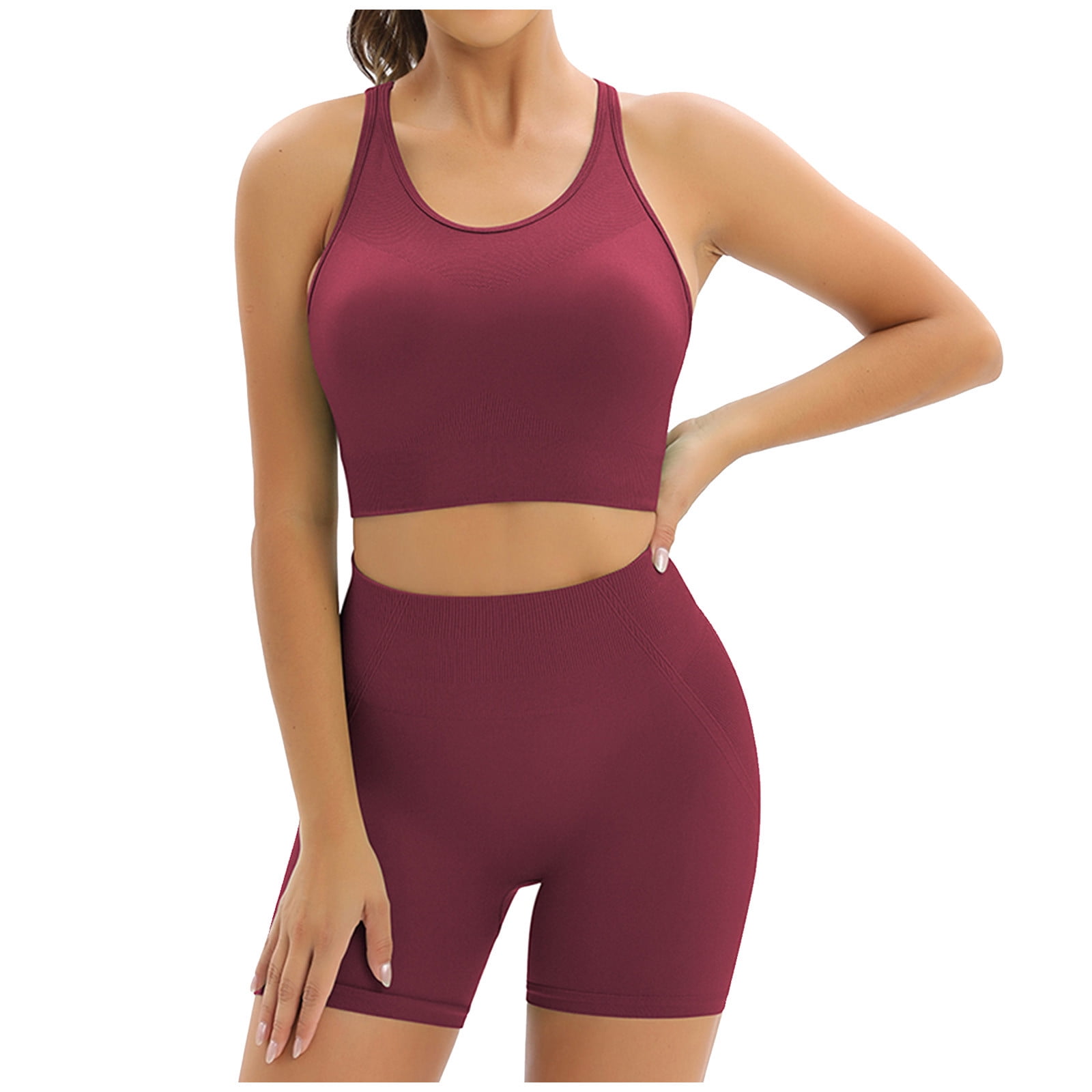 RQYYD Clearance Workout Sets for Women Short Sleeve Halter Strap Sports Bra  High Waist Yoga Shorts 2 Piece Seamless Ribbed Outfits Red S
