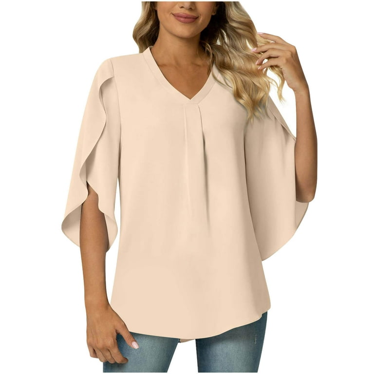 RQYYD Women's 2023 Summer Chiffon Blouse 3/4 Ruffle Split Sleeve V Neck  Pleated Tunic Tops Solid Floral Office Work Shirt for Leggings(Beige,L)