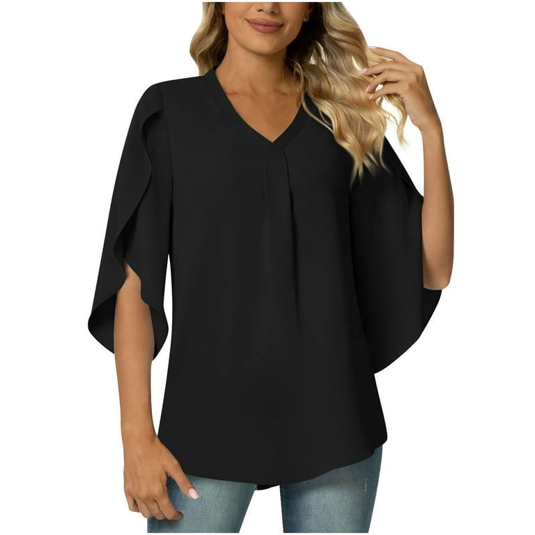RQYYD Women's 2023 Summer Chiffon Blouse 3/4 Ruffle Split Sleeve V Neck  Pleated Tunic Tops Solid Floral Office Work Shirt for Leggings(Black,M)