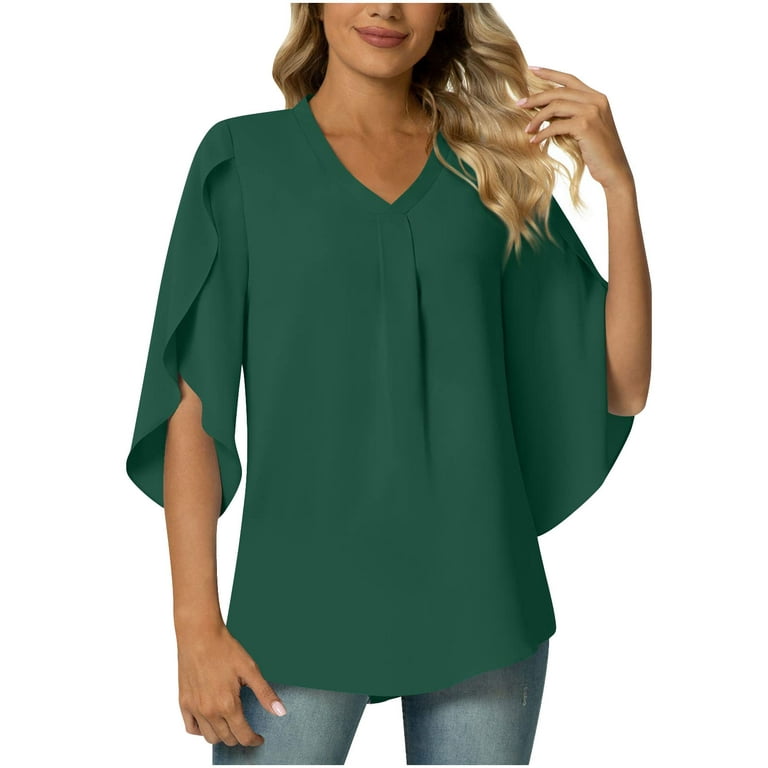 RQYYD Women's 2023 Summer Chiffon Blouse 3/4 Ruffle Split Sleeve V Neck  Pleated Tunic Tops Solid Floral Office Work Shirt for Leggings(Green,XXL)