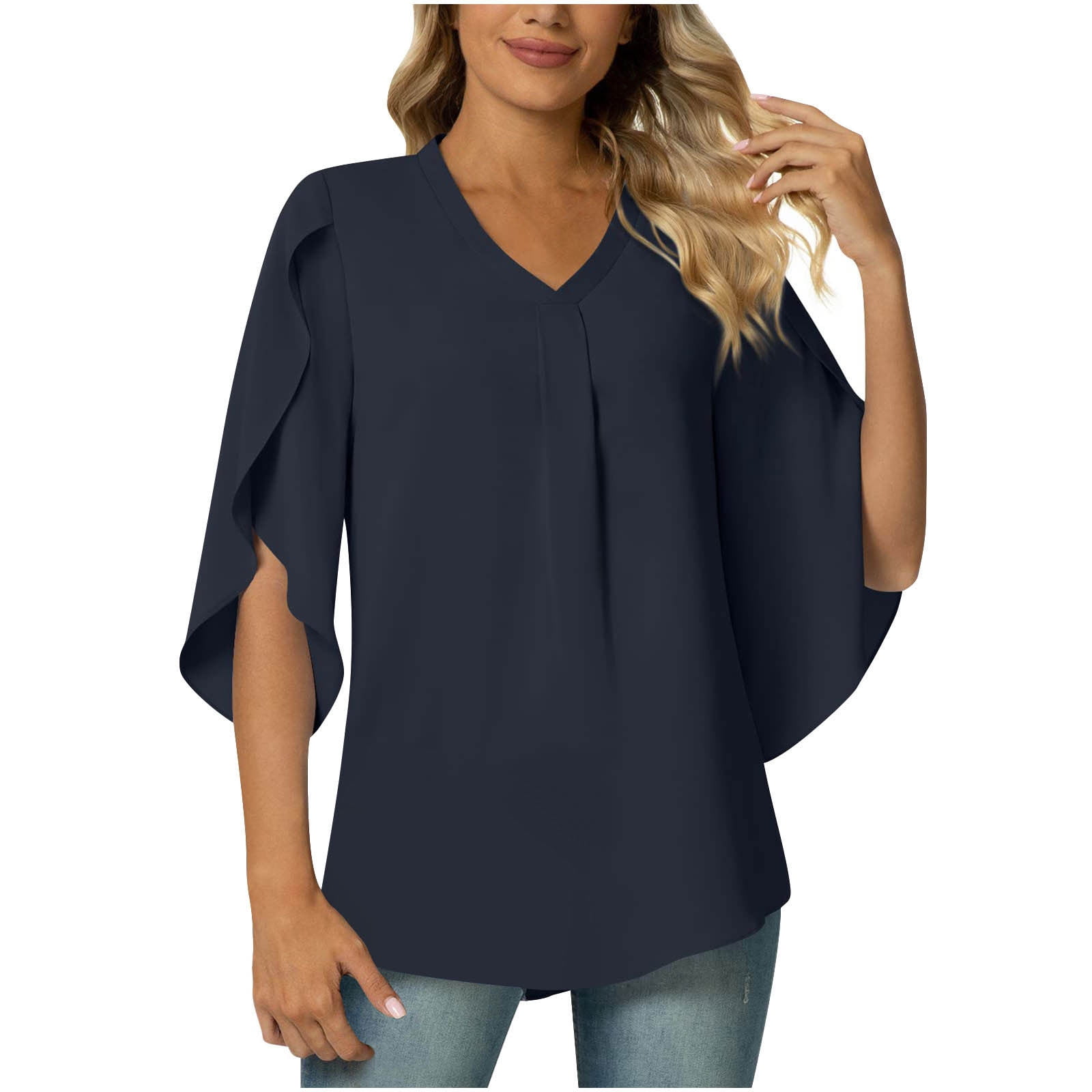 RQYYD Women's 2023 Summer Chiffon Blouse 3/4 Ruffle Split Sleeve V Neck  Pleated Tunic Tops Solid Floral Office Work Shirt for Leggings(Navy,L)