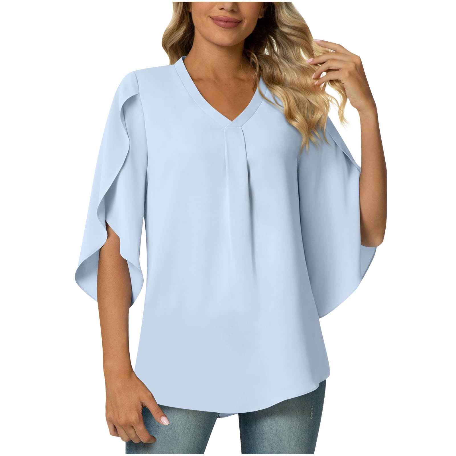RQYYD Women's 2023 Summer Chiffon Blouse 3/4 Ruffle Split Sleeve V Neck  Pleated Tunic Tops Solid Floral Office Work Shirt for Leggings(Beige,XL)