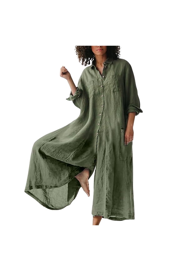 Women's 2024 Summer 3/4 Sleeve Jumpsuits Deep V Neck Cotton Linen Button Onesie Wide Leg Pants Rompers
