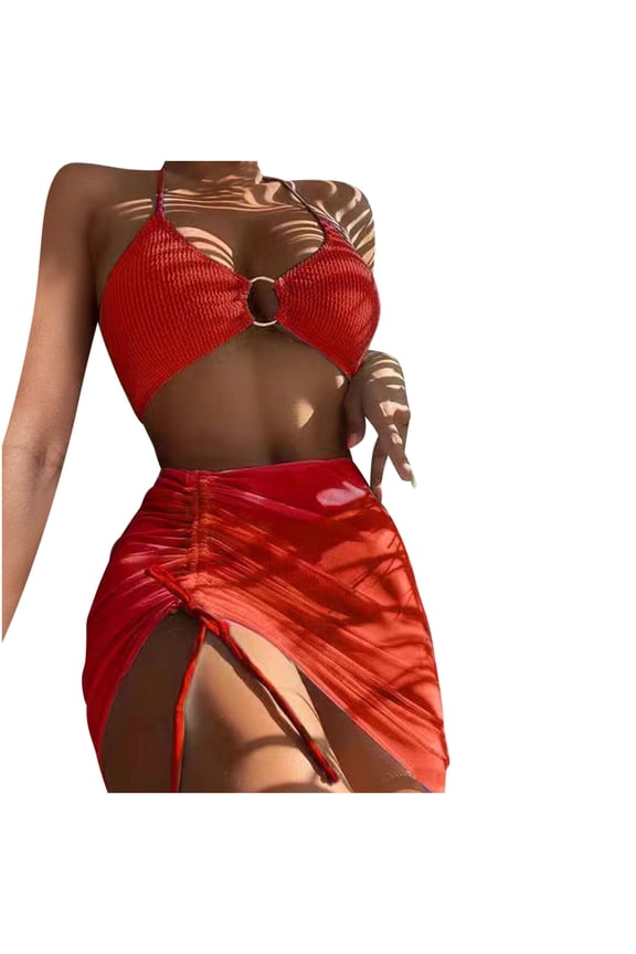 Women's 3 Piece Swimsuits Halter Cutout Bikini Set String Bathing Suit with Drawstring Beach Skirt Set