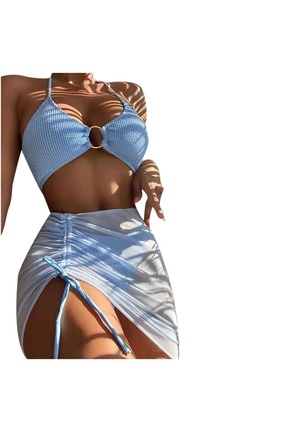 Women's 3 Piece Swimsuits Halter Cutout Bikini Set String Bathing Suit with Drawstring Beach Skirt Set