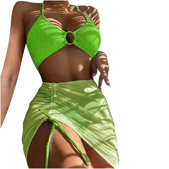 RQYYD Women's 3 Piece Swimsuits Halter Cutout Bikini Set String Bathing Suit with Drawstring Beach Skirt Set