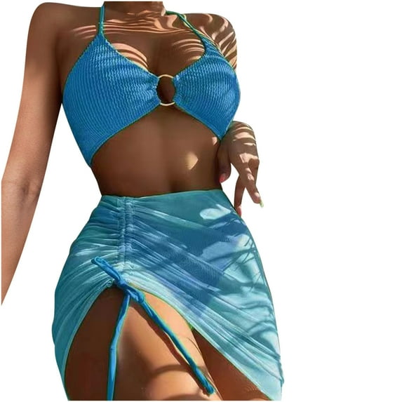 RQYYD Women's 3 Piece Swimsuits Halter Cutout Bikini Set String Bathing Suit with Drawstring Beach Skirt Set