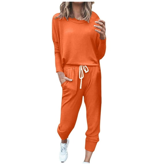 RQYYD Women's Athletic Clothing Set Jogger Sets for Women 2 Piece Long Pants Crew Neck Long Sleeve Shirts Drawstring Sweatpants Pocket Soft Lounge Sets