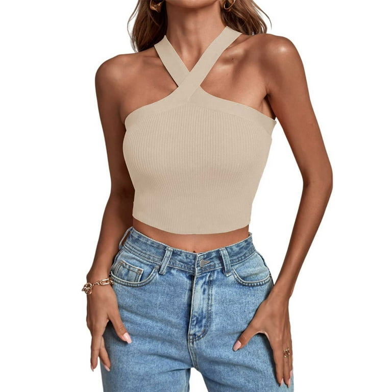 RQYYD Women's Basic Criss Cross Halter Neck Crop Tops Solid Ribbed Knit Off  Shoulder Sleeveless Crop Tank Top Y2K Summer Solid Color Backless  Camisole(Beige,M) 