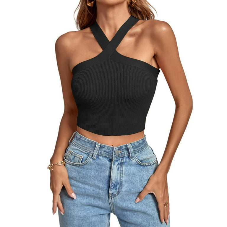 RQYYD Women's Basic Criss Cross Halter Neck Crop Tops Solid Ribbed Knit Off  Shoulder Sleeveless Crop Tank Top Y2K Summer Solid Color Backless