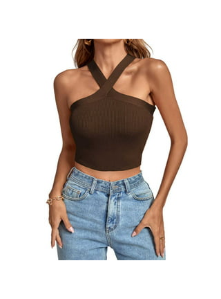 YYDGH Women's Criss Cross Halter Crop Top Ribbed Knit Fitting Tank Top  Solid Color Sleeveless Tee Shirt Summmer Tops White XL