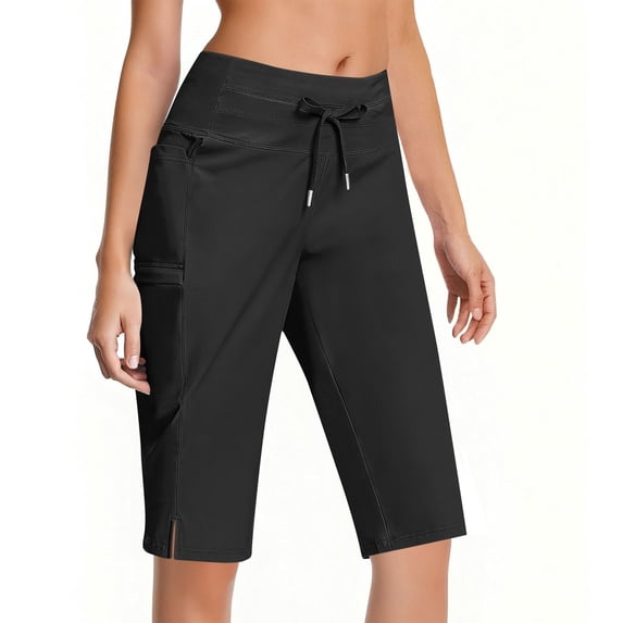 RQYYD Women's Bermuda Shorts with Pockets 11" Knee Length Stretch Comfy Drawstring Long Shorts for Women Summer Walking Black XL