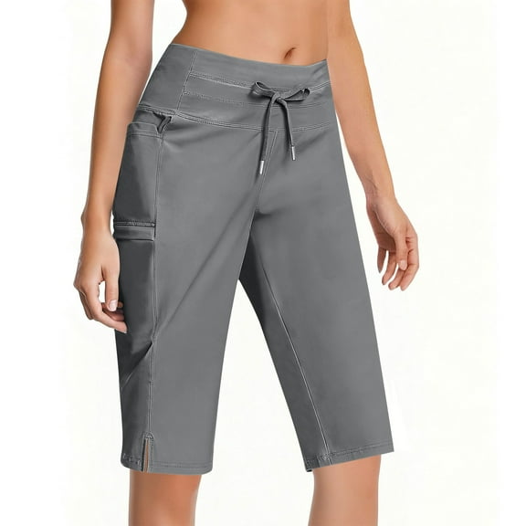 RQYYD Women's Bermuda Shorts with Pockets 11" Knee Length Stretch Comfy Drawstring Long Shorts for Women Summer Walking Gray L