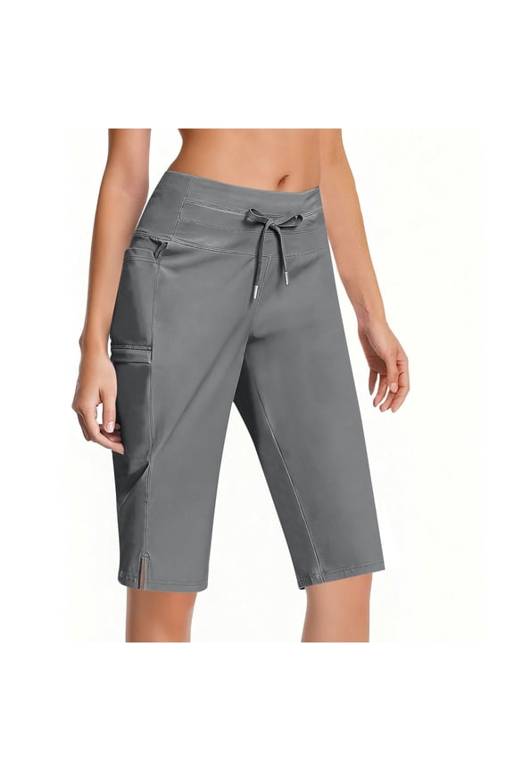 Women's Bermuda Shorts with Pockets 11" Knee Length Stretch Comfy Drawstring Long Shorts for Women Summer Walking Gray L